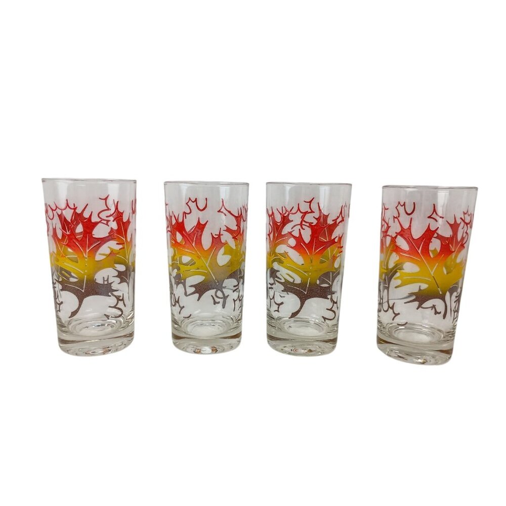 Vintage Fall Oak Leaves Orange/Yellow/Brown Retro Glass Tumblers Set Of 4 - Picture 4 of 6